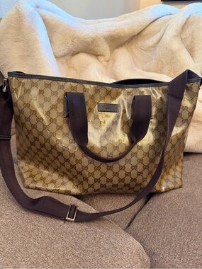 Gucci GG Coated Canvas Tote in Gold with Brown Trim
